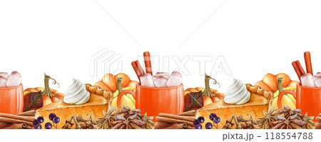 Autumn season pastry and hot drink seamless border decor element in warm colors. Pumpkin spice latte with marshmallow, cinnamon pile, pumpkin pie slice. Vintage style painted illustration 118554788
