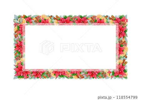 Winter season floral frame decor vintage style illustration. Hand drawn bright Christmas decoration from pine, eucalyptus, poinsettia flower, orange slices, cinnamon. Winter festive decor isolated Winter season floral frame decor vintage style illustration. Hand drawn bright Christmas decoration from pine, eucalyptus, poinsettia flower, orange slices, cinnamon. Winter festive decor isolated 118554799