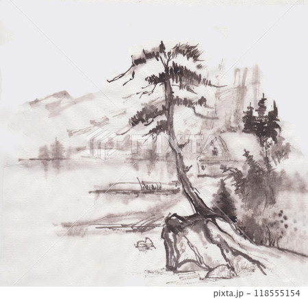 Mountain landscape with a lone pine tree Mountain landscape with a lone pine tree 118555154