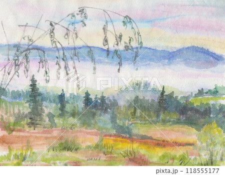 lyrical landscape with willow and hills in the distance lyrical landscape with willow and hills in the distance 118555177