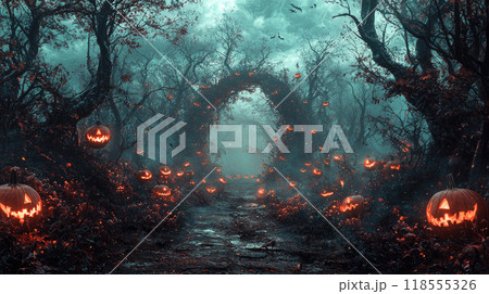 Dark spooky surreal forest, path in fairy tale woods on Halloween, strange trees and scary pumpkins at night. Concept of horror, enchanted nature, background, fantasy. 118555326