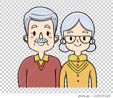 Illustration of a senior couple wearing wireless earphones 118555526