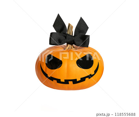 Halloween lady pumpkin with black bow isolated on white background. Jack Lantern pumpkin head. Halloween lady pumpkin with black bow isolated on white background. Jack Lantern pumpkin head. 118555688