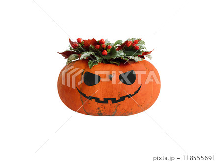 Jack Lantern pumpkin head with flowers isolated on white background. Halloween pumpkin with flowers bouquet. 118555691