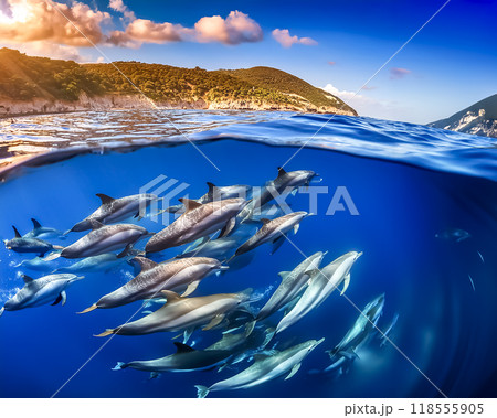 夕焼けに染まる海を泳ぐイルカのイメージ素材 118555905