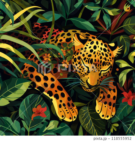 Sleeping leopard nestled in lush tropical foliage with vibrant leaves and flowers, jungle illustration 118555952