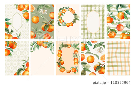 Watercolor illustration set of tangerine, frame, striped wave, wreath, and pattern for background, card, invitation or poster. 118555964