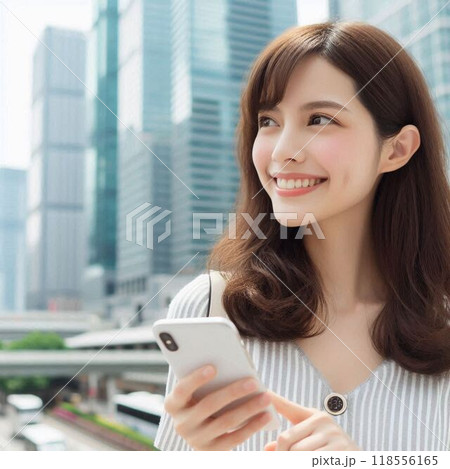 ビルの立ち並ぶ街で目的地を探す女性 118556165