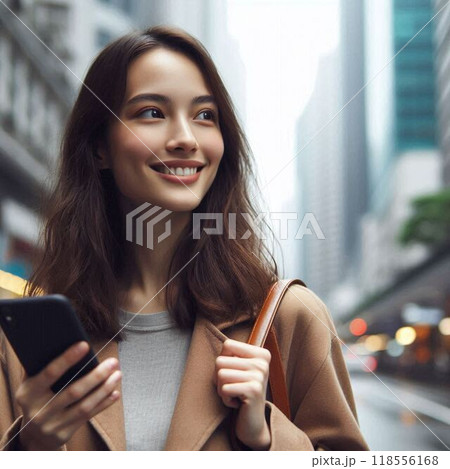 街中で目的のお店を見つけて喜ぶ女性 118556168