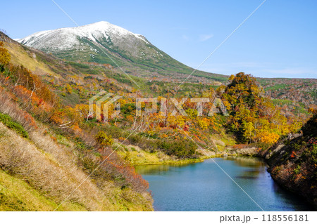 大雪高原温泉沼めぐり 冠雪した山と高原沼の紅葉 118556181