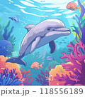 Illustration of a playful cartoon dolphin in an underwater world, vibrant, colorful background 118556189