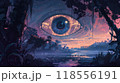 Surreal landscape with large human eye in sky, lush forest reflecting on calm water at twilight 118556191