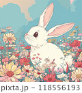 Cute illustration of a white bunny among flowers 118556193