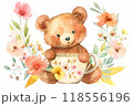 Cute teddy bear holding a mug surrounded by pastel flowers, watercolor style for children decor 118556196