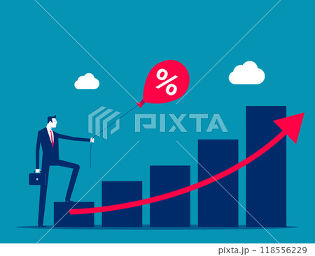 Revenue or salary increase, growth investment profit or earning from stock market. Businessman with balloon on dollar money sign with growth graph and chart. Money or wages growing concept 118556229