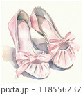 Watercolor illustration of pink ballet shoes with bow in soft pastel colors, kids book style 118556237