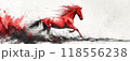 Red horse galloping in ink painting with dynamic splashes and white background conveying motion 118556238