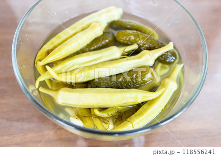 armenian pickles, cucumber and okra in glass bowl 118556241