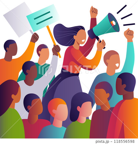Vibrant, stylized illustration depicting a diverse group of people in a protest, political meeting, parade or rally in modern and abstract style, with smooth lines and bold colors. 118556598