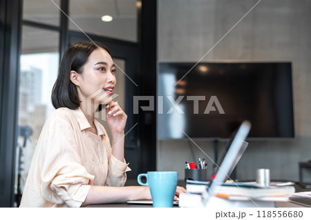 仕事の合間にビジネスパートナーと認識の統一を図っている女性 仕事の合間にビジネスパートナーと認識の統一を図っている女性 118556680