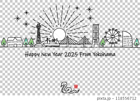 手描きの横浜の観光地の街並み2025年賀状 手描きの横浜の観光地の街並み2025年賀状 118556712