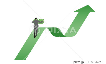 Vector illustration of a businessman holding a stack of banknotes while running on a green upward graph, financial growth, investment success, and business progress in a dynamic, forward move economy 118556749