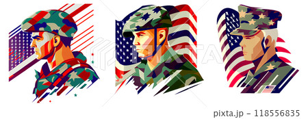 set vector illustration of warrior against of american flag isolated on white 118556835