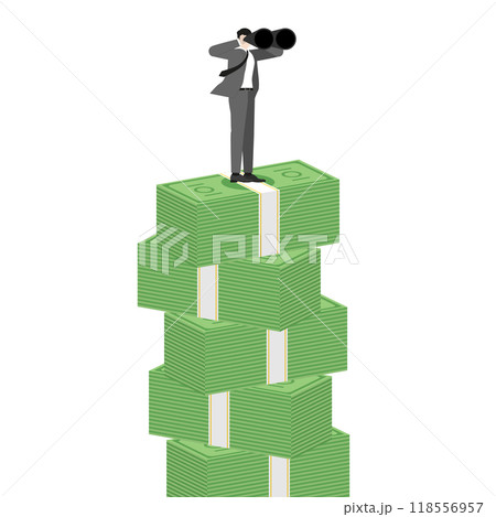 A businessman using binoculars on a stack of banknotes, the essence of vision and investment in finance. The importance of leadership and strategic planning for economic growth and wealth creation A businessman using binoculars on a stack of banknotes, the essence of vision and investment in finance. The importance of leadership and strategic planning for economic growth and wealth creation 118556957