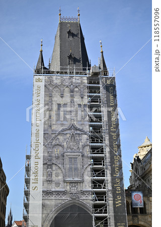 Renovation works on Powder Gate gothic tower (Prasna brana), historical landmark in Prague, Czech Republic Renovation works on Powder Gate gothic tower (Prasna brana), historical landmark in Prague, Czech Republic 118557096