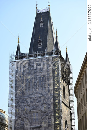 Renovation works on Powder Gate gothic tower (Prasna brana), historical landmark in Prague, Czech Republic 118557099