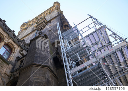 Renovation works on Powder Gate gothic tower (Prasna brana), historical landmark in Prague, Czech Republic 118557106
