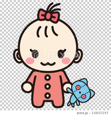 Smiling baby girl holding a stuffed toy 118557257
