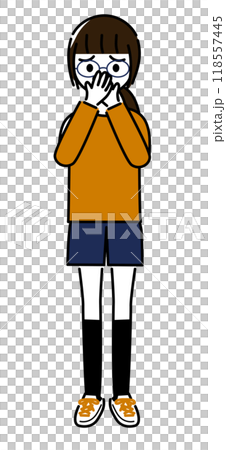 A girl in the upper grades of elementary school covers her nose and mouth with both hands A girl in the upper grades of elementary school covers her nose and mouth with both hands 118557445
