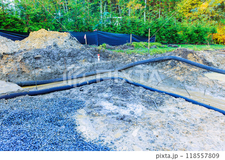 Building construction site preparation to installation of formwork for pouring concrete Building construction site preparation to installation of formwork for pouring concrete 118557809