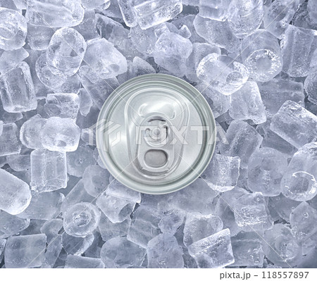 Top view of cold drink cans with ice. A thirst quenching summer drink. Top view of cold drink cans with ice. A thirst quenching summer drink. 118557897