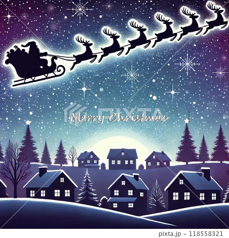クリスマスカードイラスト 月夜にソリを引くトナカイたちとサンタクロース_文字あり クリスマスカードイラスト 月夜にソリを引くトナカイたちとサンタクロース_文字あり 118558321