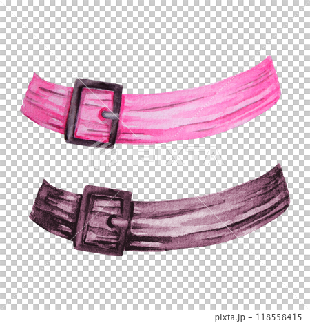 Pink and black belts, headbands, witch hat decoration, women's headdress. Tied ribbon. Watercolor hand drawn cut and isolated clip art. Clothing item, accessory tied knot, belt. Element of clothes. Pink and black belts, headbands, witch hat decoration, women's headdress. Tied ribbon. Watercolor hand drawn cut and isolated clip art. Clothing item, accessory tied knot, belt. Element of clothes. 118558415