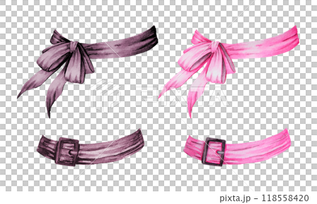 Pink and black bows, headbands, witch hat decoration, women's headdress. Tied ribbon. Watercolor hand drawn cut and isolated clip art. Clothing item, accessory tied knot, belt. Element of clothes. Pink and black bows, headbands, witch hat decoration, women's headdress. Tied ribbon. Watercolor hand drawn cut and isolated clip art. Clothing item, accessory tied knot, belt. Element of clothes. 118558420