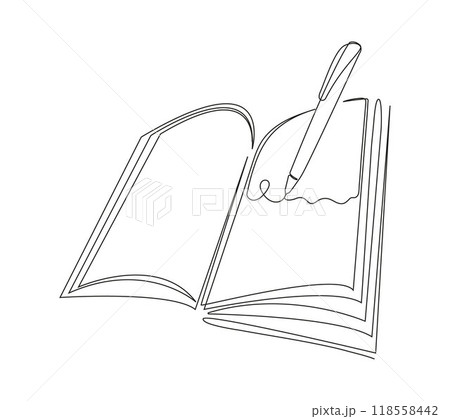 continuous line art drawing of a book, symbolizing online learning, e-library, and distance education. This minimalist illustration conveys the concept continuous line art drawing of a book, symbolizing online learning, e-library, and distance education. This minimalist illustration conveys the concept 118558442