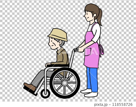 推著輪椅的女人的插圖 推著輪椅的女人的插圖 118558726