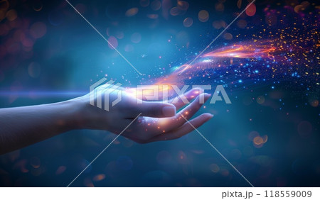 Hand reaching out towards glowing energy, representing the concept of the universe and creation with a digital background. 118559009