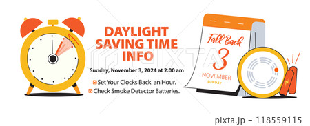 Daylight Saving Time Info Banner Reminder. Clock with turning arrows back one hour, calendar date November 3 and smoke detector with batteries. Fall Back Time concept vector illustration 118559115