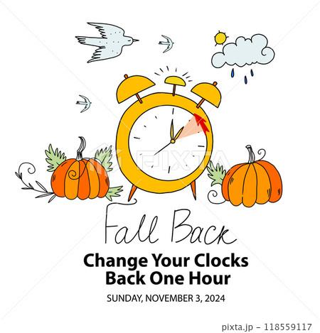 Fall Back or Daylight Saving Time Ends poster. Schedule with Alarm Clock turning back on hour and reminder text with date November 3. DST information banner with autumn vector doodle illustrations 118559117