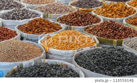Bags of seeds and nuts on the market 118559148
