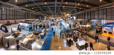 A panoramic view of the exhibition hall at, showcasing various high-tech pavilions displaying modern aircraft models and conceptual designs 118559189