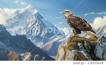 A majestic eagle perched atop the peak of Mount Everest, with snow-capped mountains in the background. 118559249