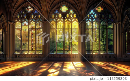 A grand hall with large windows adorned in intricate stained glass, casting colorful light across the room. 118559298