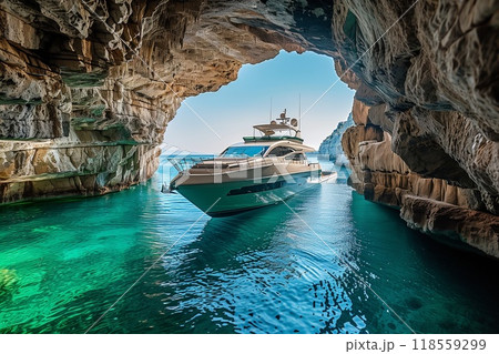 A luxurious yacht was parked at the entrance of an ancient cave, surrounded by crystal-clear turquoise waters 118559299