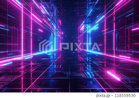 3d render, abstract futuristic background with neon grid lines and glowing light blue pink purple color 118559530