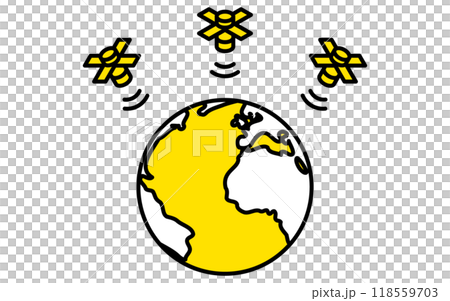 人工衛星からの電波が地球に降り注ぐシンプルな線画、アイソメイラスト 118559703
